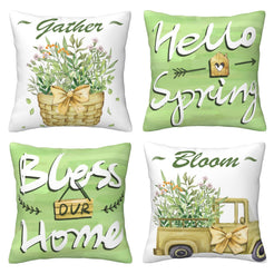 Set of four short-pile plush pillow covers with green spring sayings and flower baskets