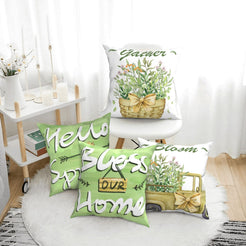 Short-pile plush pillow covers with green spring sayings and flower baskets, styled in a bright room