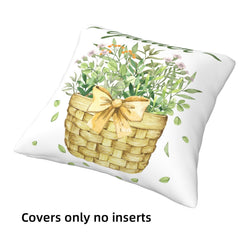 Short-pile plush pillow cover with a flower basket with Gather lettering, shown without an insert