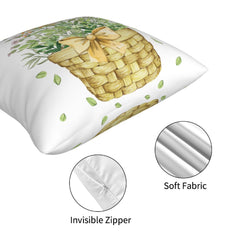 Close-up of hidden zipper detail on short-pile plush pillow cover with a spring flower basket