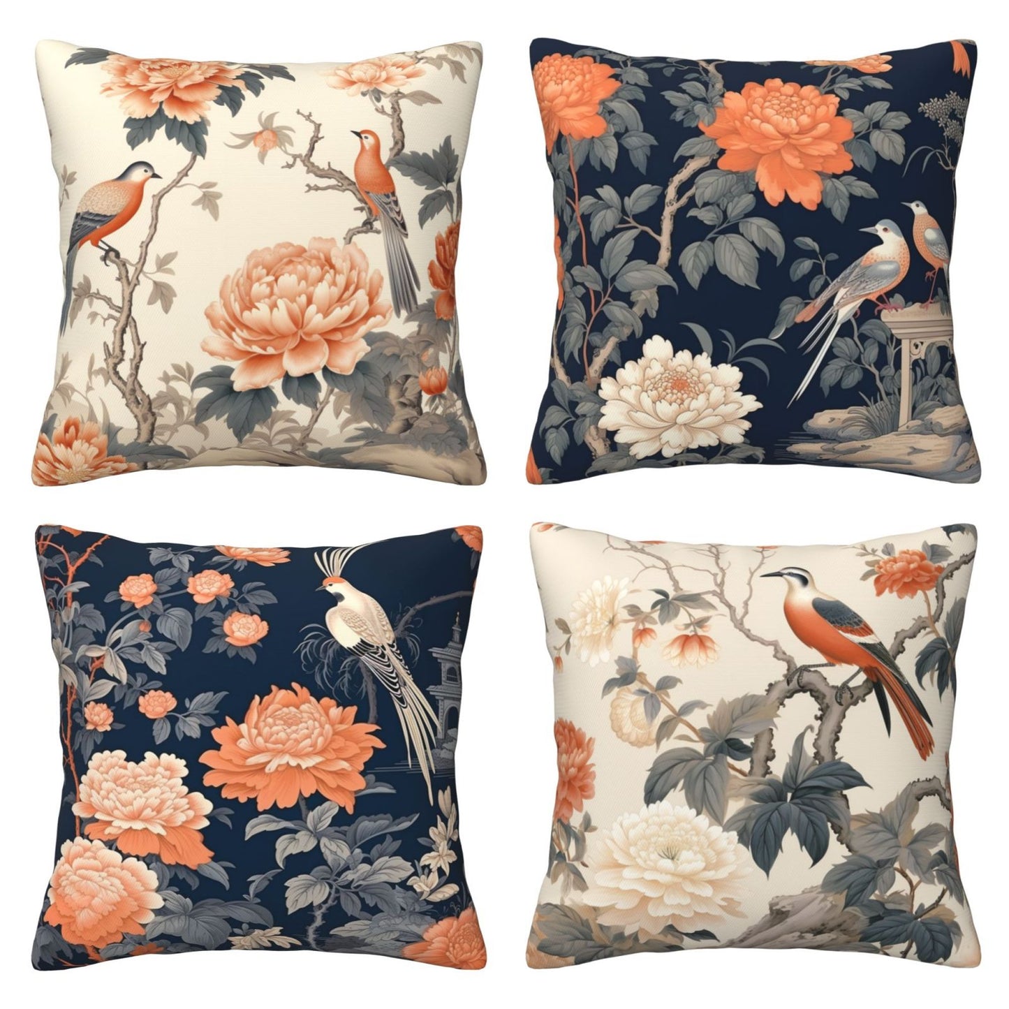 HOSTECCO Chinoiserie Throw Pillow Covers 18x18 inch Set of 4 Peony Floral Pillow Cases for Sofa Couch