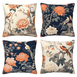 Set of four short-pile plush pillow covers with peonies, cranes and branches in cream and navy