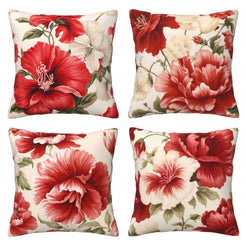 Set of four short-pile plush pillow covers with large red chinoiserie flowers