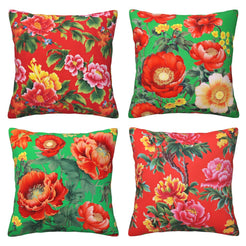 Set of four short-pile plush pillow covers with bright red flowers on green