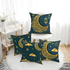 Ramadan short-pile plush pillow covers with dark teal crescent moons, lanterns and Islamic motifs, styled in a living room