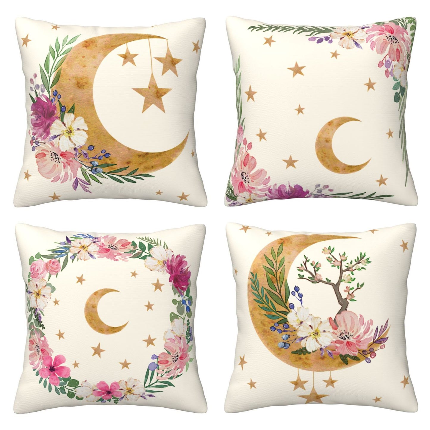 HOSTECCO Gold Moon Star Throw Pillow Covers 18x18 inch Set of 4 Floral Light Pillow Cases Sofa Couch