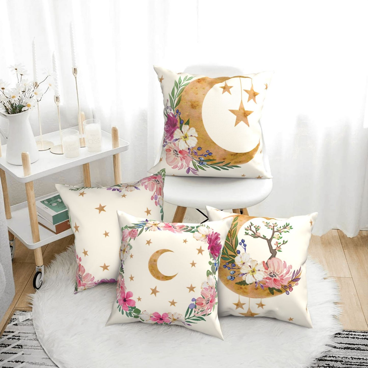 HOSTECCO Gold Moon Star Throw Pillow Covers 18x18 inch Set of 4 Floral Light Pillow Cases Sofa Couch