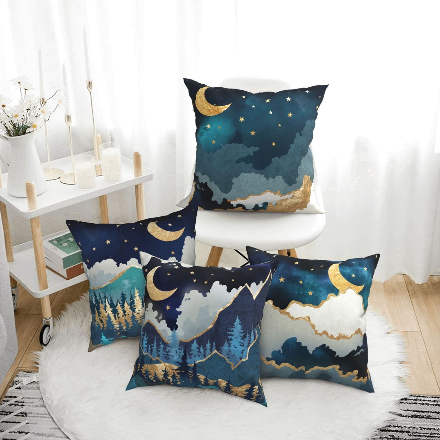 HOSTECCO Gold Moon Star Throw Pillow Covers 18x18 inch Set of 4 Floral Light Pillow Cases Sofa Couch