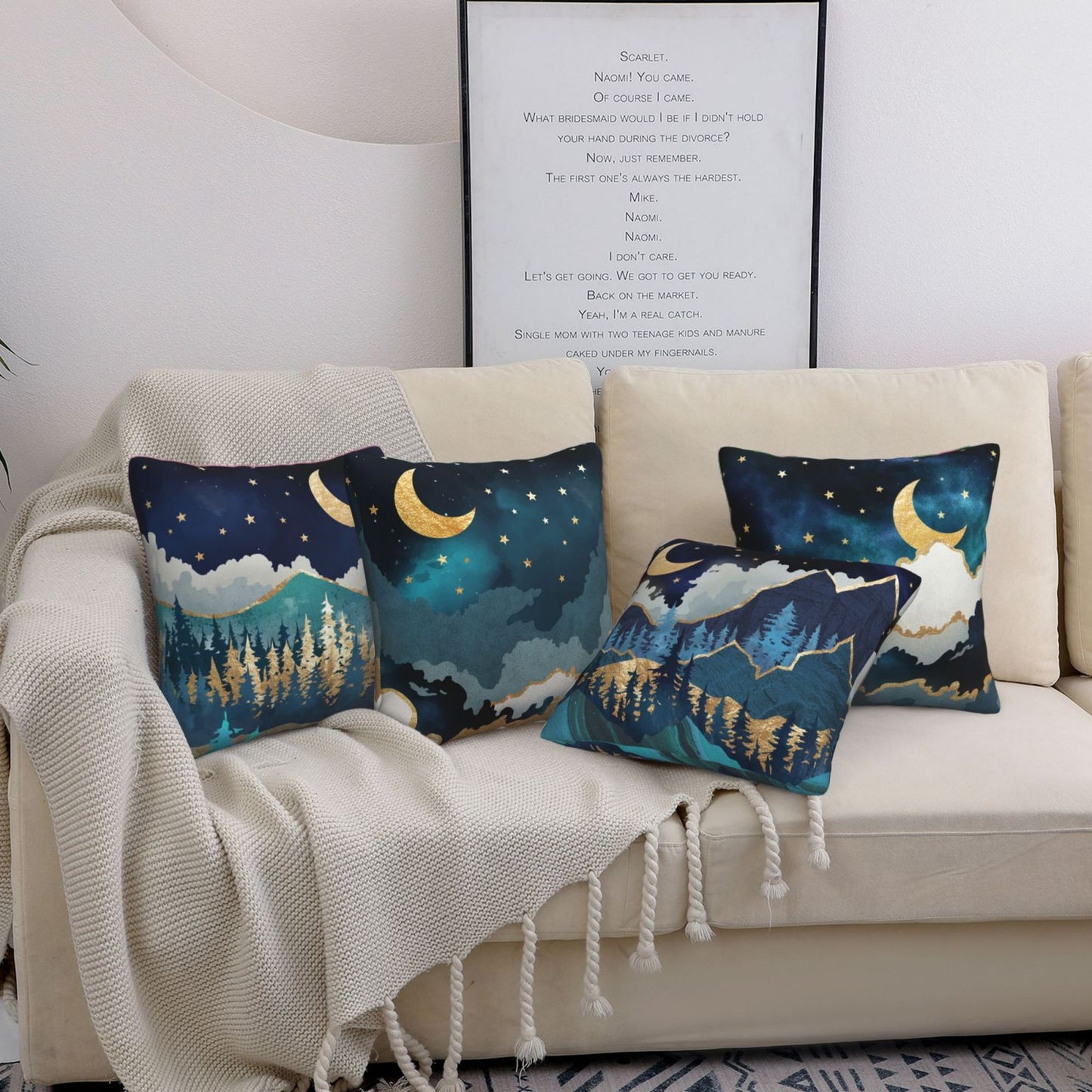 HOSTECCO Gold Moon Star Throw Pillow Covers 18x18 inch Set of 4 Floral Light Pillow Cases Sofa Couch