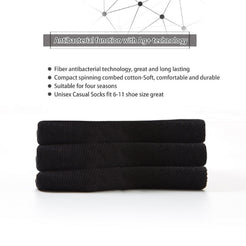 Folded black silver-fiber cotton-blend socks with material and sizing infographic