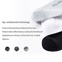 Black, white and gray sock toes with silver-fiber odor-control material infographic