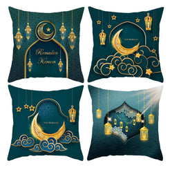 Set of four Ramadan short-pile plush pillow covers with dark teal crescent moons and gold lanterns