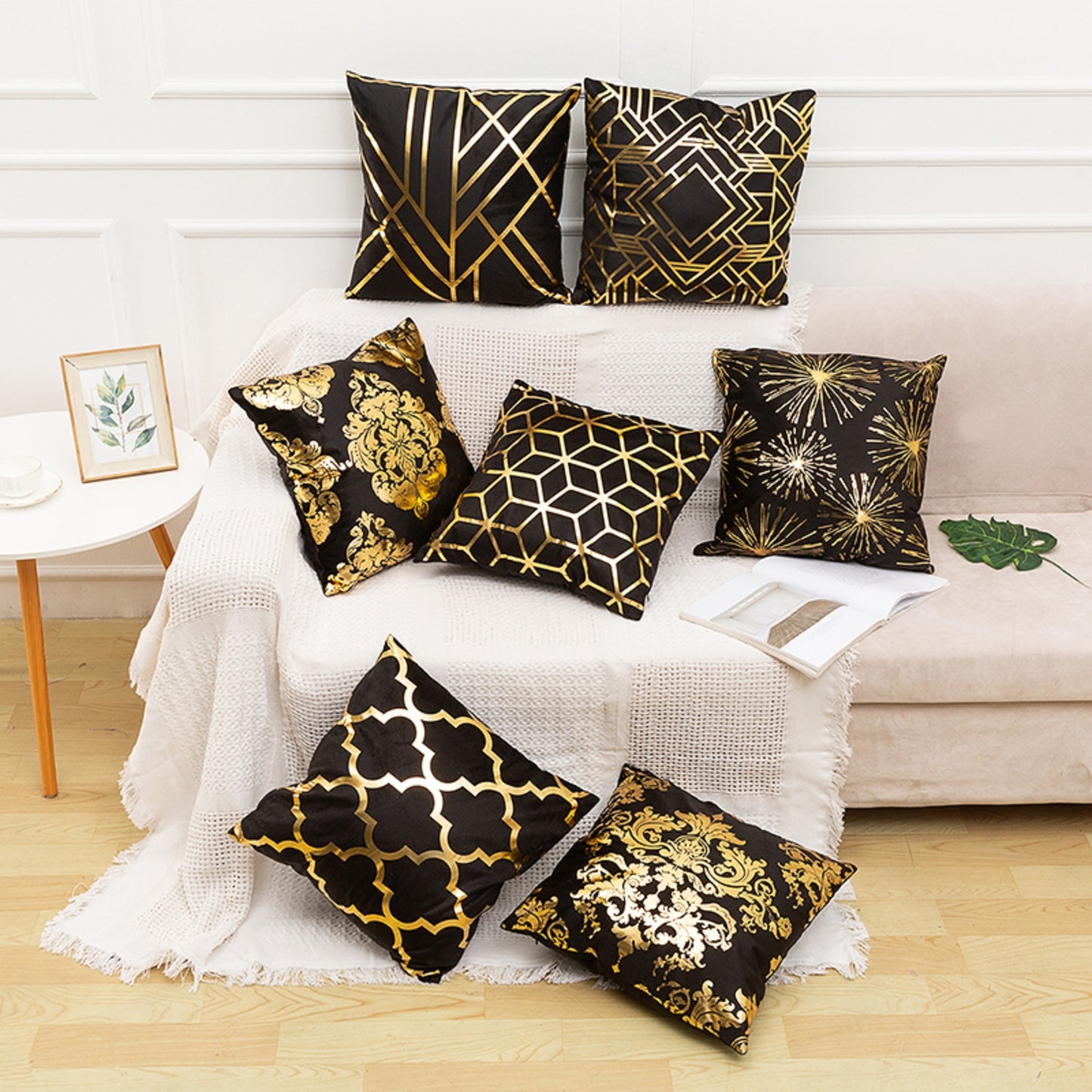 HOSTECCO Gold Stamping Throw Pillow Covers Set of 4 Geometric Pillow Cases Square Decorative Cushion Covers for Sofa Couch Outdoor 18x18 inches