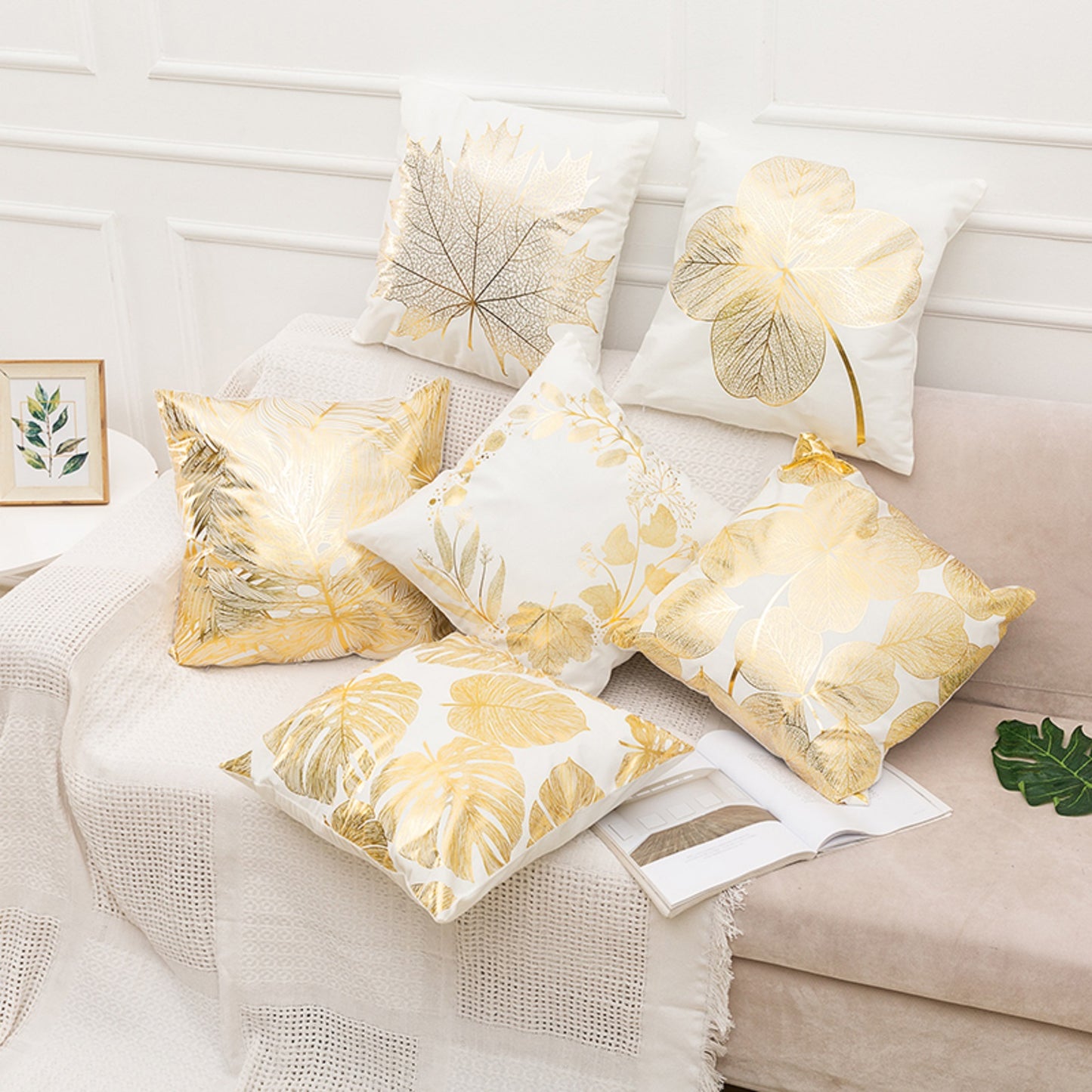 HOSTECCO Gold Stamping Throw Pillow Covers Set of 4 Geometric Pillow Cases Square Decorative Cushion Covers for Sofa Couch Outdoor 18x18 inches