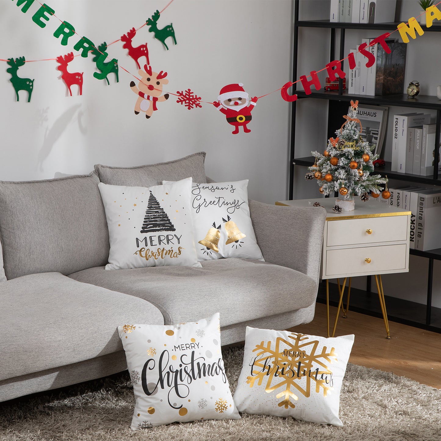 HOSTECCO Christmas Throw Pillow 18x18 inches Gold Stamping Covers Set of 4 Pillow Cases for Sofa