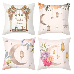 Set of four Ramadan short-pile plush pillow covers with cream floral moons and hanging lanterns