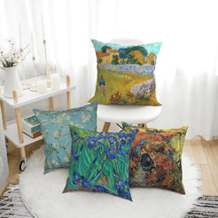 short-pile plush polyester pillow covers with blossoming branches, irises and landscapes, arranged beside a white chair