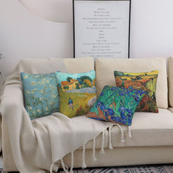 short-pile plush polyester pillow covers with blossoming branches, irises and country landscapes, styled on a cream sofa