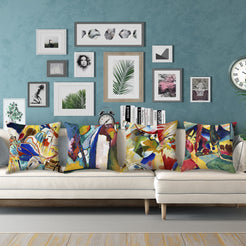 short-pile plush polyester pillow covers with colorful modern abstract art prints, styled on a white sectional