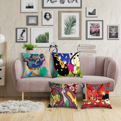 Short-pile plush polyester pillow covers with colorful modern figure art prints, styled on a blush sofa