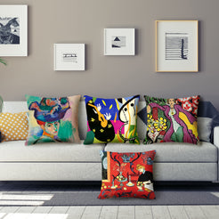 Short-pile plush polyester pillow covers with colorful figure and still-life art prints, arranged on a gray sofa
