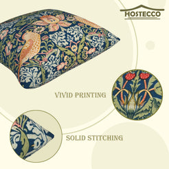 Digital print, stitching and fabric detail of short-pile plush polyester pillow cover with navy floral and bird print