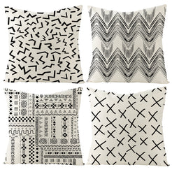 Set of four water-resistant linen-look polyester pillow covers with scribbles, chevrons, patchwork and crosses