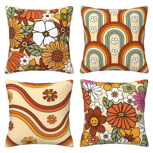 HOSTECCO Boho Floral Throw Pillow Covers 18x18 inch Set of 4 Retro 70s Pillow Cases Vintage Groovy Hippie Decorative Cushion Cases for Sofa Living Room