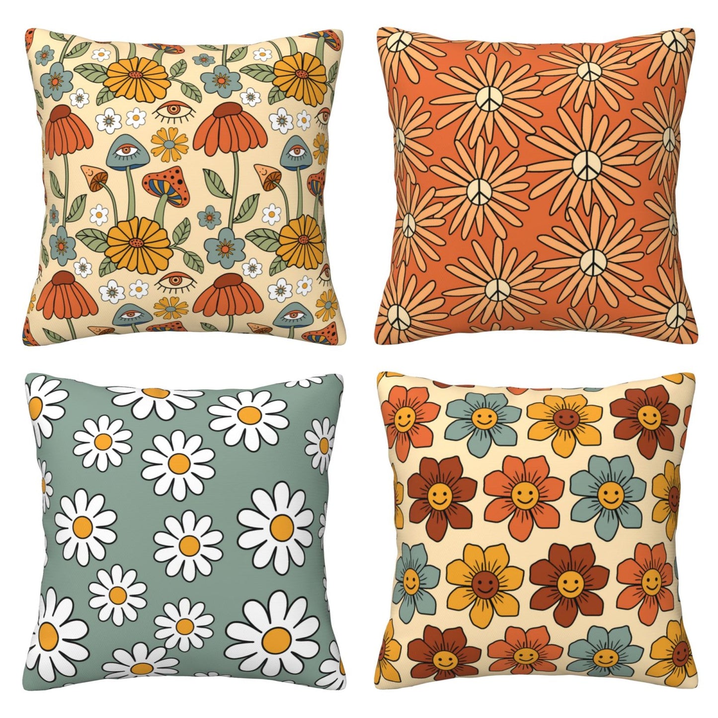 HOSTECCO Retro 70s Throw Pillow Covers 18x18 inch Set of 4 Bold Floral Mushroom Pillow Cases Groovy Boho Hippie Decorative Cushion Cases for Sofa Living Room