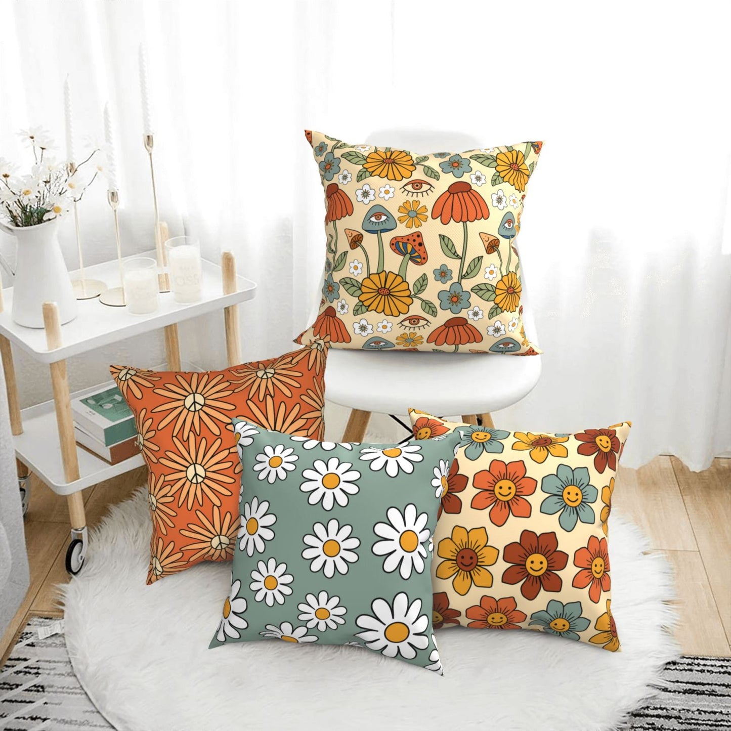 HOSTECCO Retro 70s Throw Pillow Covers 18x18 inch Set of 4 Bold Floral Mushroom Pillow Cases Groovy Boho Hippie Decorative Cushion Cases for Sofa Living Room