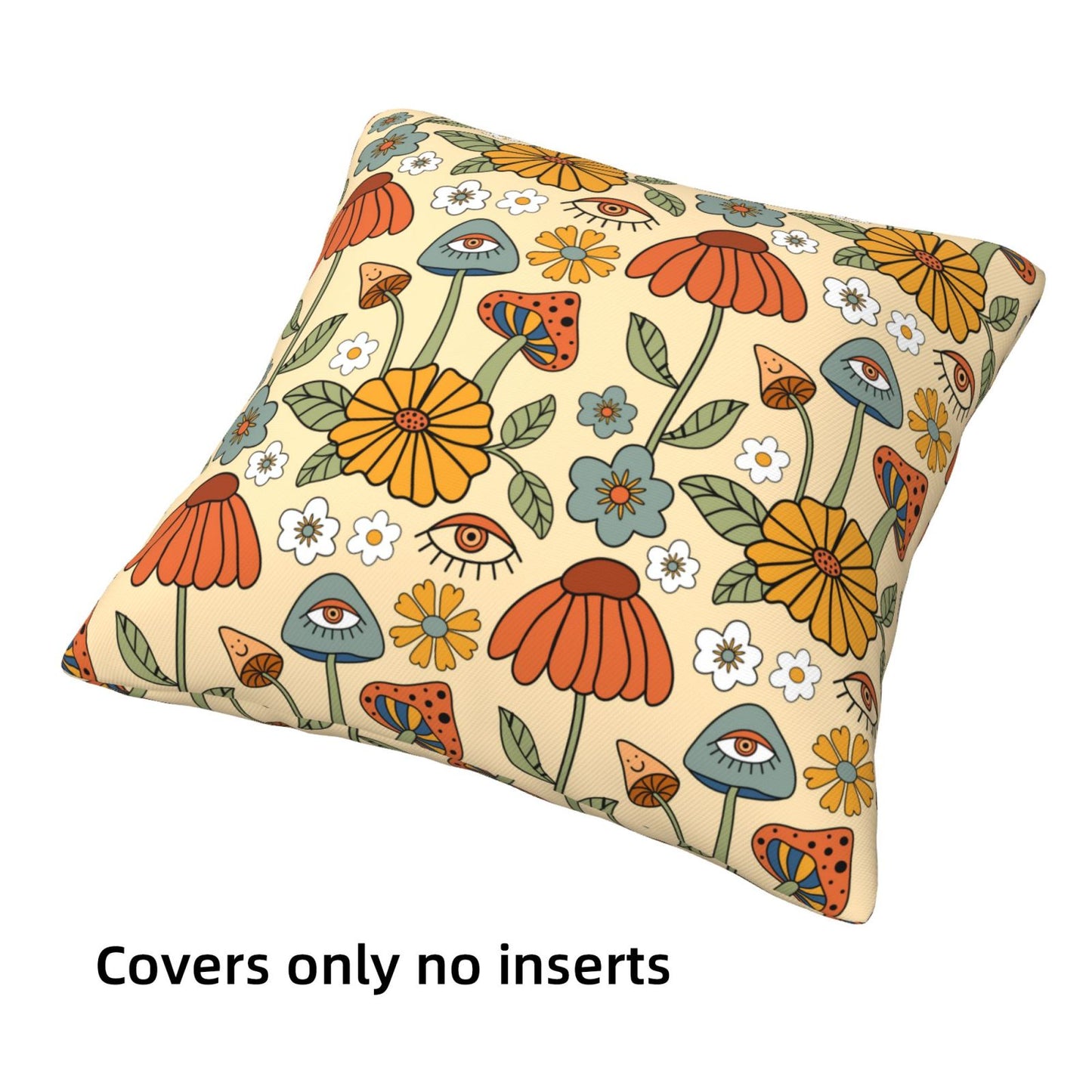 HOSTECCO Retro 70s Throw Pillow Covers 18x18 inch Set of 4 Bold Floral Mushroom Pillow Cases Groovy Boho Hippie Decorative Cushion Cases for Sofa Living Room