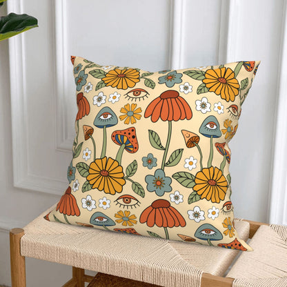 HOSTECCO Retro 70s Throw Pillow Covers 18x18 inch Set of 4 Bold Floral Mushroom Pillow Cases Groovy Boho Hippie Decorative Cushion Cases for Sofa Living Room