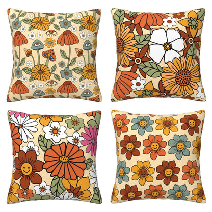 HOSTECCO Boho 70s Throw Pillow Covers 18x18 inch Set of 4 Retro Floral Mushroom Pillow Cases Hippie Groovy Decorative Cushion Cases for Sofa Living Room