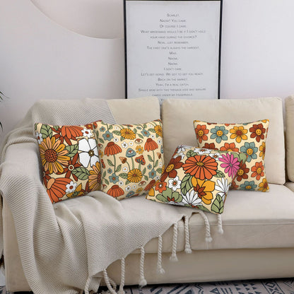 HOSTECCO Boho 70s Throw Pillow Covers 18x18 inch Set of 4 Retro Floral Mushroom Pillow Cases Hippie Groovy Decorative Cushion Cases for Sofa Living Room