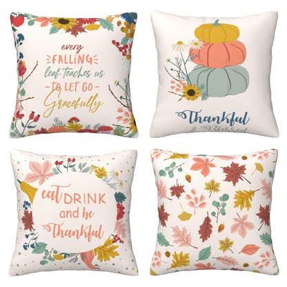 HOSTECCO Autumn Thanksgiving Throw Pillow Covers 18x18 inch Set of 4 Fall Leaf Floral Pillow Cases Pumpkin Harvest Decorative Cushion Cases for Sofa Living Room