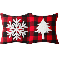 Set of two embroidered polyester canvas pillow covers with white snowflake and pine tree embroidery on red plaid