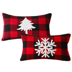 Set of two embroidered polyester canvas pillow covers with white pine tree and snowflake embroidery on red plaid