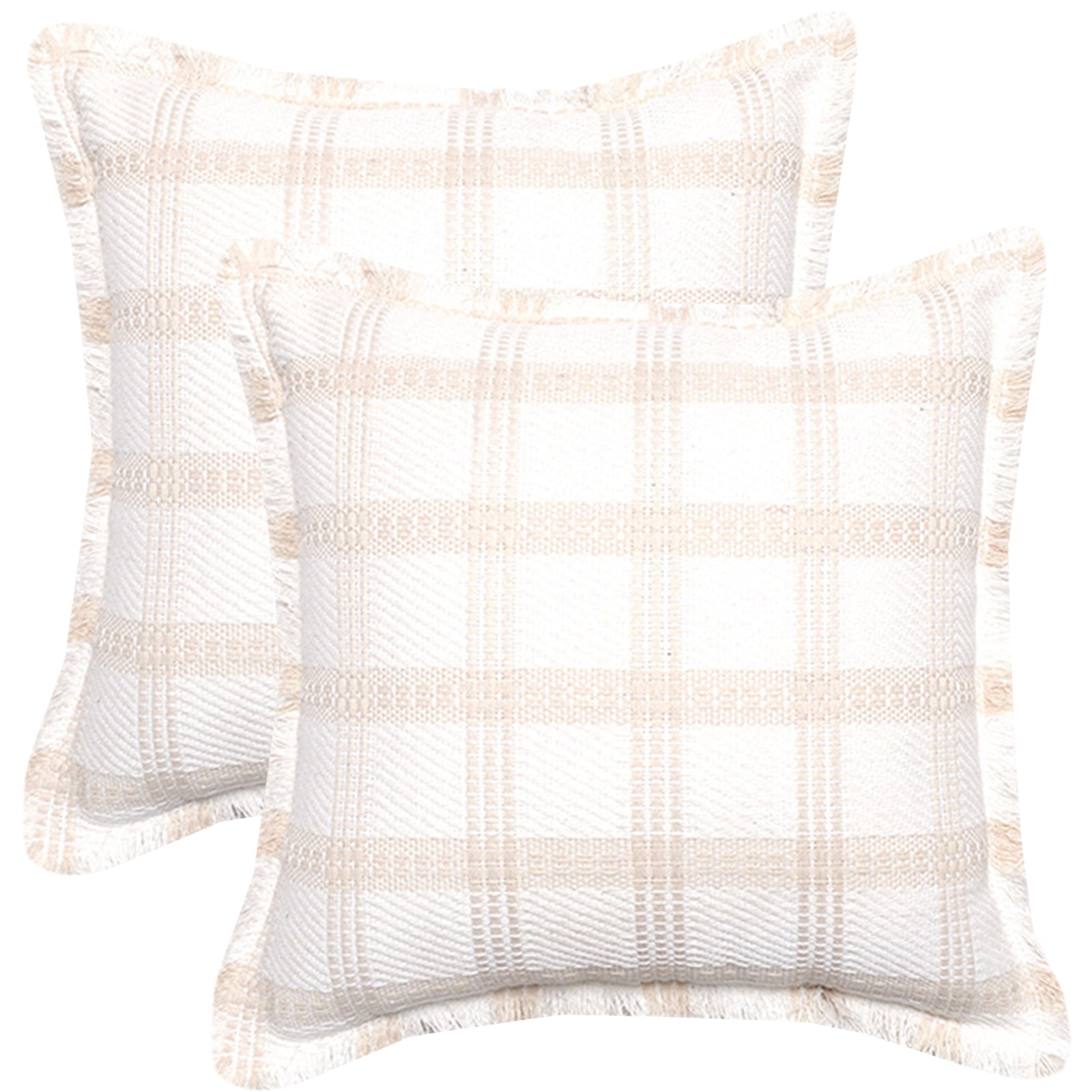 Set of two woven plaid fabric pillow covers with cream woven plaid and tassel edges