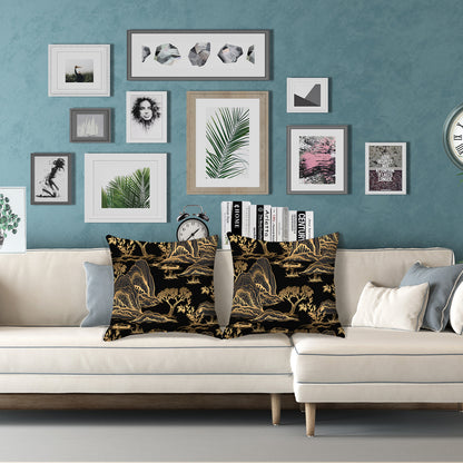 Chinoiserie Throw Pillow Covers 18x18 inch Set of 2 Black and Gold Pillow Cases Mountain Scenic Decorative Cushion Covers