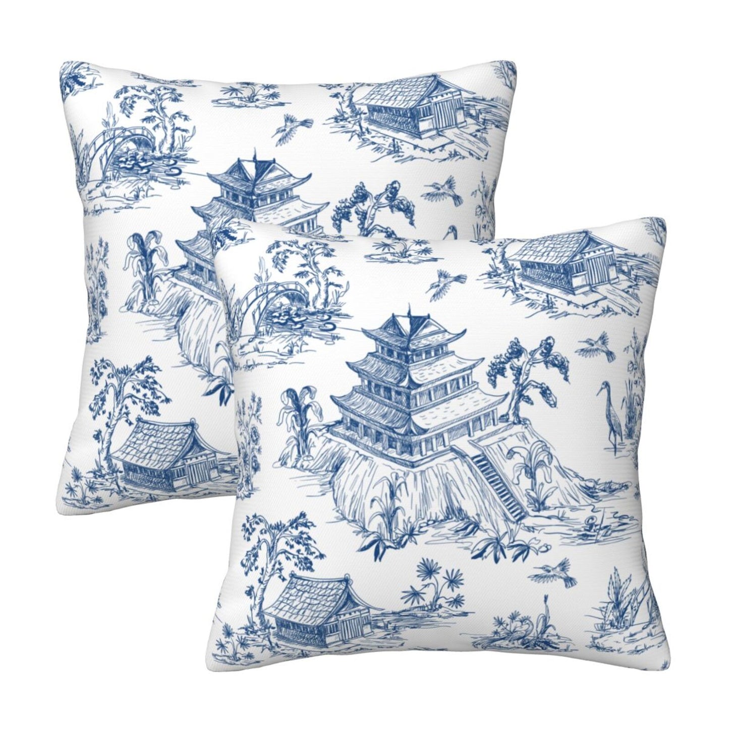 HOSTECCO Blue Toile Throw Pillow Covers 18x18 inch Set of 2 French Country Pillow Cases Bird Tree Chinoiserie Decorative Cushion Covers for Sofa Couch