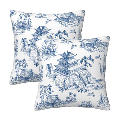 HOSTECCO Blue Toile Throw Pillow Covers 18x18 inch Set of 2 French Country Pillow Cases Bird Tree Chinoiserie Decorative Cushion Covers for Sofa Couch