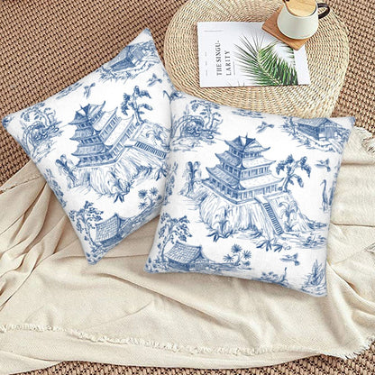 HOSTECCO Blue Toile Throw Pillow Covers 18x18 inch Set of 2 French Country Pillow Cases Bird Tree Chinoiserie Decorative Cushion Covers for Sofa Couch