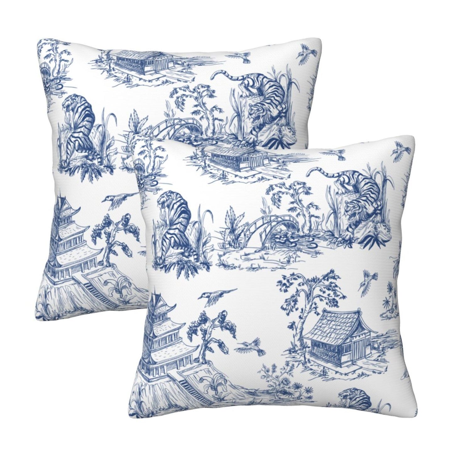 HOSTECCO French Country Throw Pillow Covers 18x18 inch Set of 2 Blue Toile Pillow Cases Vintage Chinoiserie Decorative Cushion Covers for Sofa Couch