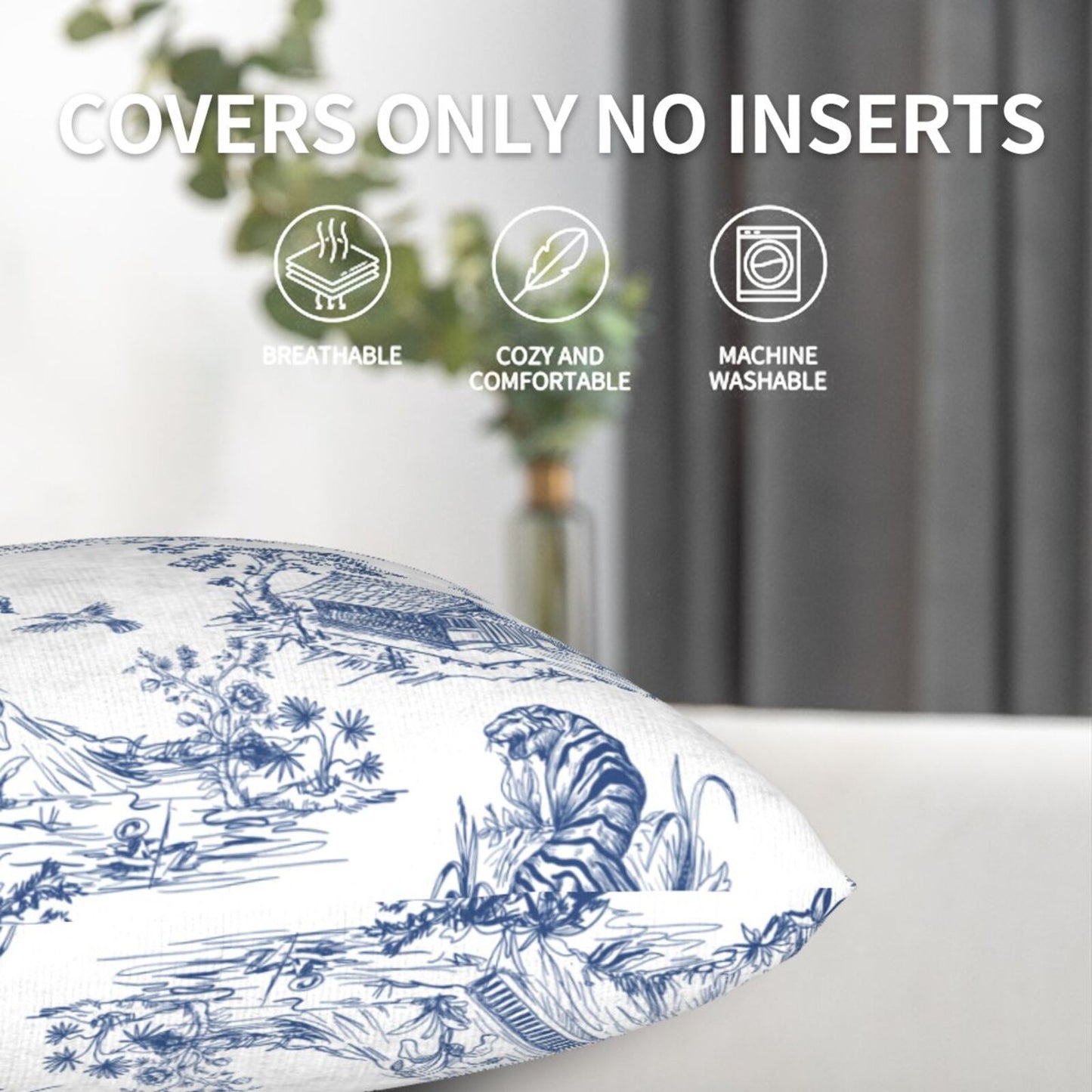 HOSTECCO French Country Throw Pillow Covers 18x18 inch Set of 2 Blue Toile Pillow Cases Vintage Chinoiserie Decorative Cushion Covers for Sofa Couch