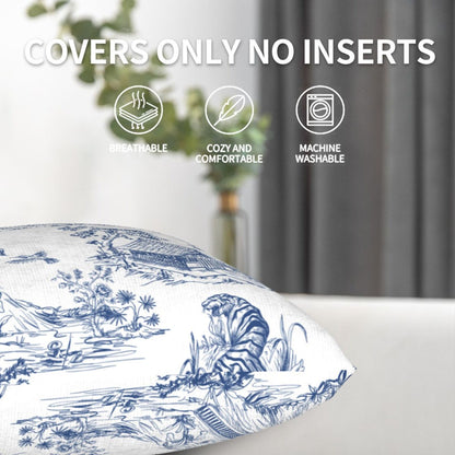 HOSTECCO French Country Throw Pillow Covers 18x18 inch Set of 2 Blue Toile Pillow Cases Vintage Chinoiserie Decorative Cushion Covers for Sofa Couch