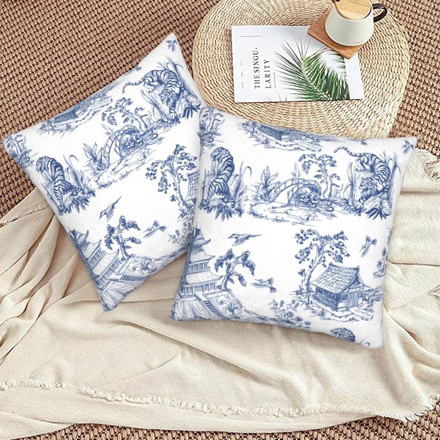 HOSTECCO French Country Throw Pillow Covers 18x18 inch Set of 2 Blue Toile Pillow Cases Vintage Chinoiserie Decorative Cushion Covers for Sofa Couch