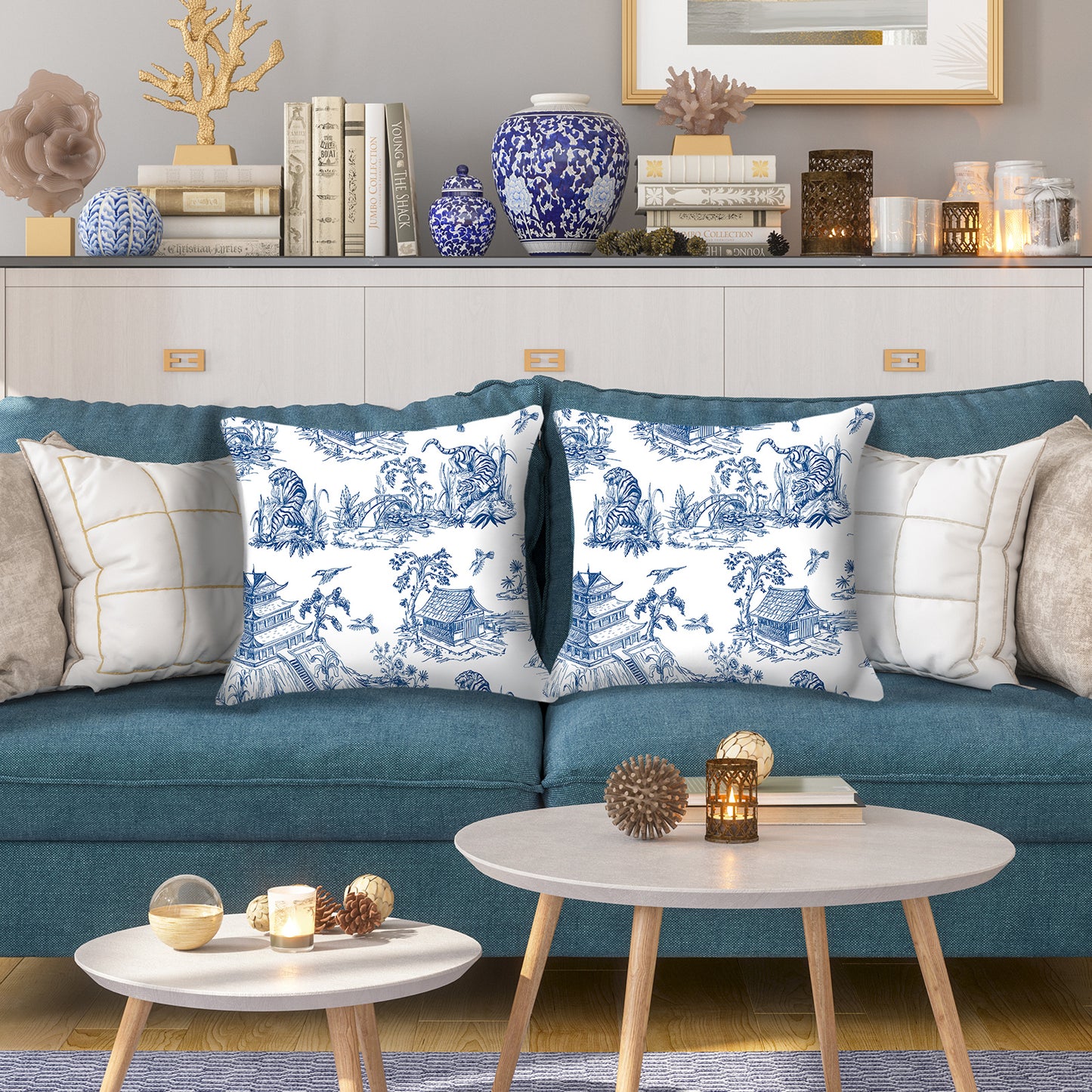 HOSTECCO French Country Throw Pillow Covers 18x18 inch Set of 2 Blue Toile Pillow Cases Vintage Chinoiserie Decorative Cushion Covers for Sofa Couch