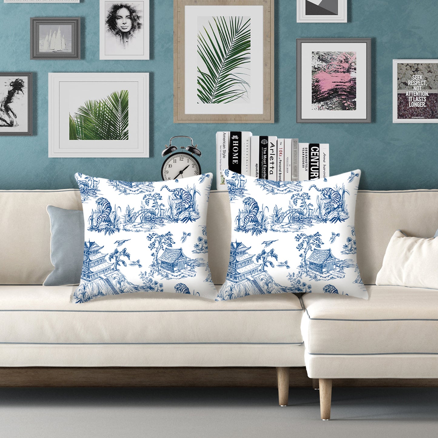 HOSTECCO French Country Throw Pillow Covers 18x18 inch Set of 2 Blue Toile Pillow Cases Vintage Chinoiserie Decorative Cushion Covers for Sofa Couch