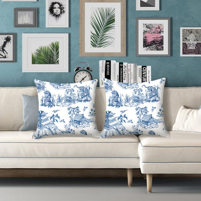 HOSTECCO French Country Throw Pillow Covers 18x18 inch Set of 2 Blue Toile Pillow Cases Vintage Chinoiserie Decorative Cushion Covers for Sofa Couch
