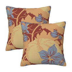 Set of two velvet pillow covers with tan, rust and powder blue pumpkin and floral pattern